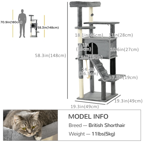 PawHut – Arbre pour chats adultes de grande taille, arbre pour chats de 58 po avec poteaux à gratter, grande tour pour chats d’intérieur avec lit,