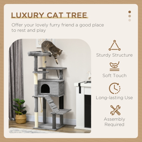 PawHut – Arbre pour chats adultes de grande taille, arbre pour chats de 58 po avec poteaux à gratter, grande tour pour chats d’intérieur avec lit,