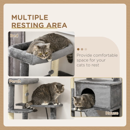 PawHut – Arbre pour chats adultes de grande taille, arbre pour chats de 58 po avec poteaux à gratter, grande tour pour chats d’intérieur avec lit,
