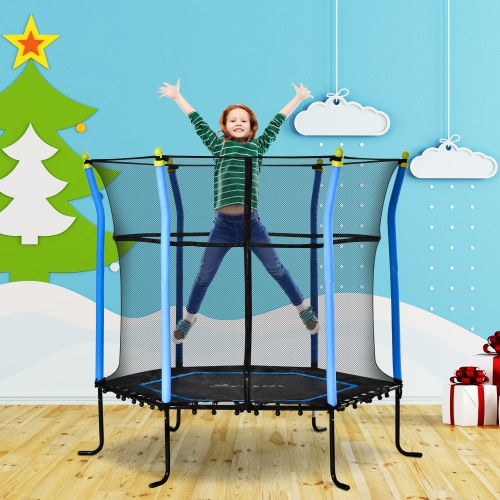 Soozier 63" Kids Trampoline Mini Indoor Bouncer Jumper with Enclosure Net Elastic Thick Padded Pole Gift for Child Toddler Age 3-10 Years Old Blue