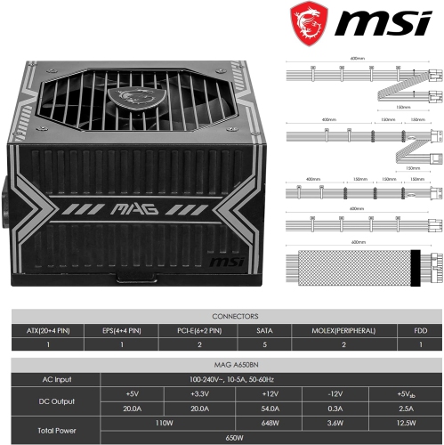 MSI MAG A650BN, bloc d'alimentation 650 W compact non modulaire, bronze 80+, ventilateur à faible bruit, design PFC actif, garantie de 5 ans