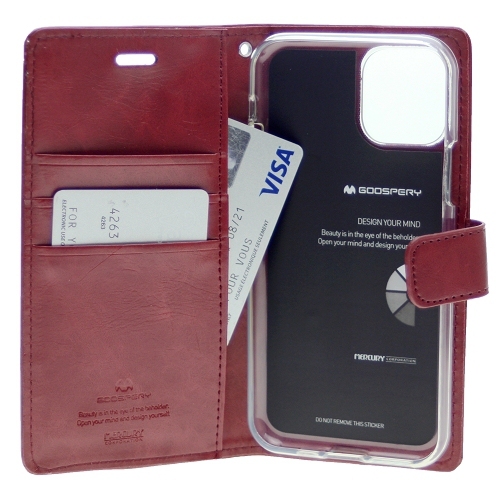 TopSave Goospery Bluemoon Card Slot w/Magnetic Clip Leather Folio Wallet Flip For iPhone 15 Plus, Burgundy