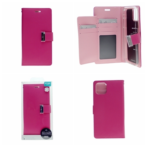 TopSave Goospery Rich MAX(5) Card Slot Leather Folio Wallet Flip Case For iPhone 15 Pro, Hot Pink