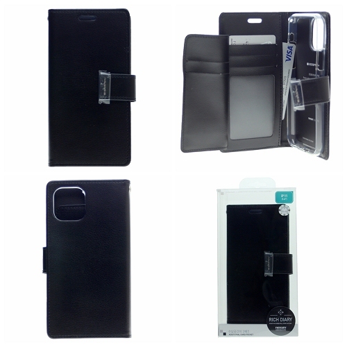 TopSave Goospery Rich MAX(5) Card Slot Leather Folio Wallet Flip Case For iPhone 15 Plus, Black