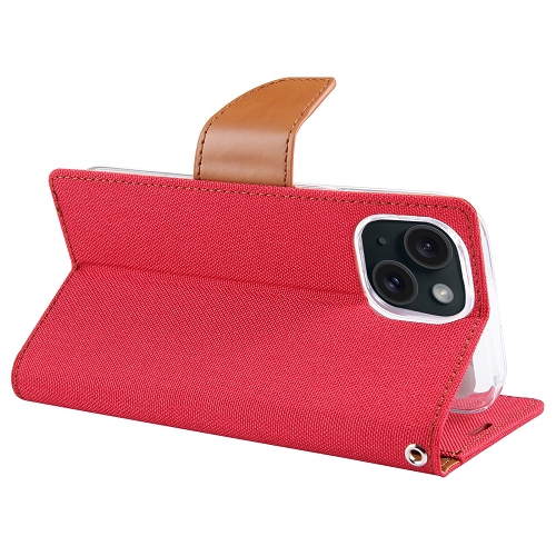 TopSave Goospery CANVAS Card Holder Fabric Folio Wallet Flip Case For iPhone 15 Plus, Red