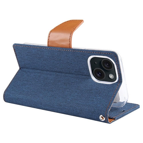 TopSave Goospery CANVAS Card Holder Fabric Folio Wallet Flip Case For iPhone 15 Plus, Navy Blue