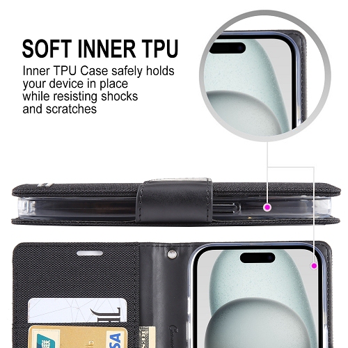 TopSave Goospery CANVAS Card Holder Fabric Folio Wallet Flip Case For iPhone 15 Plus, Black
