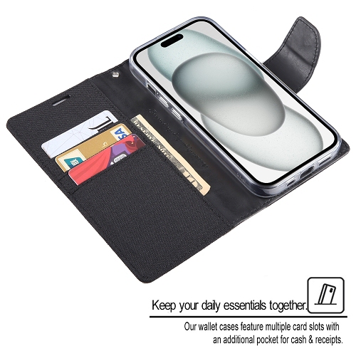 TopSave Goospery CANVAS Card Holder Fabric Folio Wallet Flip Case For iPhone 15 Plus, Black