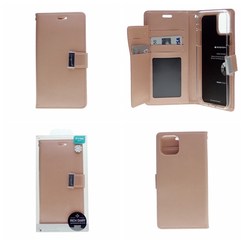 TopSave Goospery Rich MAX(5) Card Slot Leather Folio Wallet Flip Case For iPhone 15 Plus, Rose Gold