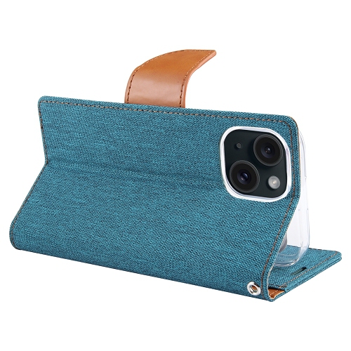 TopSave Goospery CANVAS Card Holder Fabric Folio Wallet Flip Case For iPhone 15 Plus, Green