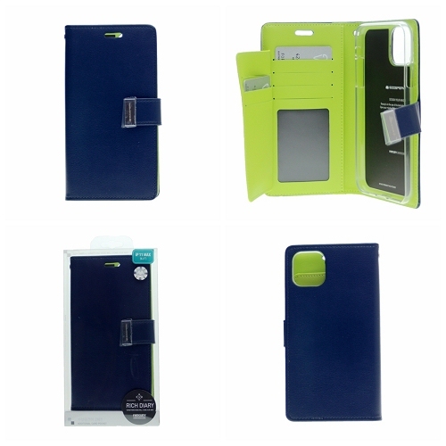 TopSave Goospery Rich MAX(5) Card Slot Leather Folio Wallet Flip Case For iPhone 15 Plus, Navy Blue