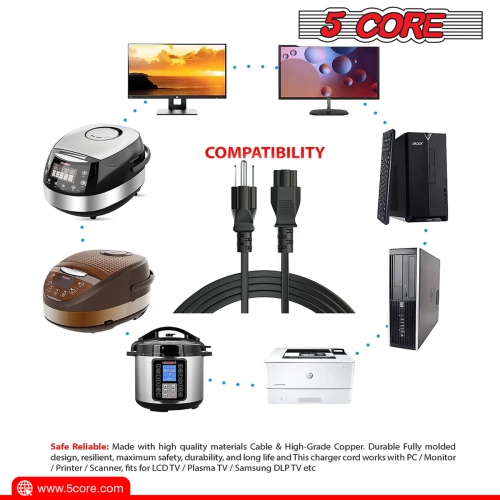 5 Core 3 Prong Extension Cord 6 Feet Non-Polarized Durable Three Prong Extension Cable US AC 3 Prong Extension Cord Heavy Duty Plug Extender -PL 1001