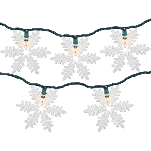 White Glittered Snowflakes Christmas Lights - Clear - 6' Green Wire - 10ct