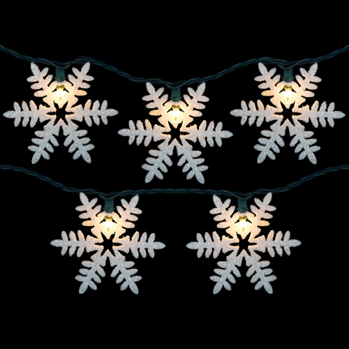 White Glittered Snowflakes Christmas Lights - Clear - 6' Green Wire - 10ct