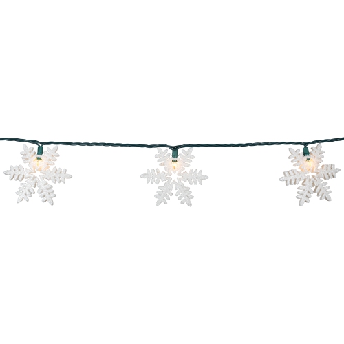 White Glittered Snowflakes Christmas Lights - Clear - 6' Green Wire - 10ct