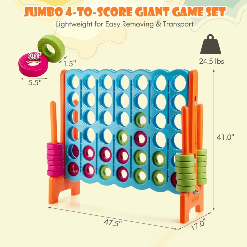 Gymax Jumbo 4-to-Score Game Set Giant 4 in A Row Kids Adults w/ 42 Jumbo Rings Blue