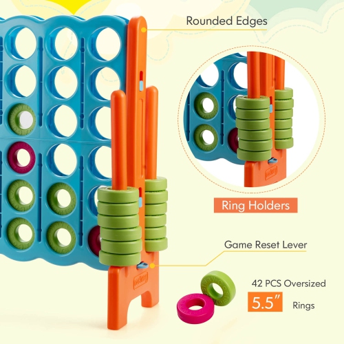 Gymax Jumbo 4-to-Score Game Set Giant 4 in A Row Kids Adults w/ 42 Jumbo Rings Blue