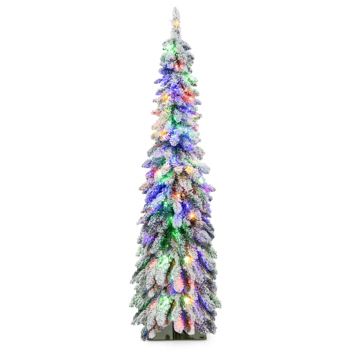 Gymax 4/5/6 FT Pre-Lit Artificial Christmas Tree Snow-Flocked Slim Pencil Christmas Tree