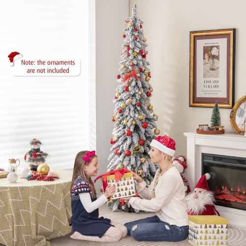 Gymax 4/5/6 FT Pre-Lit Artificial Christmas Tree Snow-Flocked Slim Pencil Christmas Tree