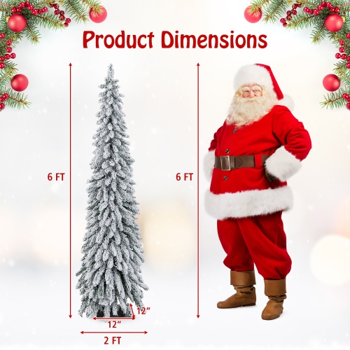 Gymax 4/5/6 FT Pre-Lit Artificial Christmas Tree Snow-Flocked Slim Pencil Christmas Tree