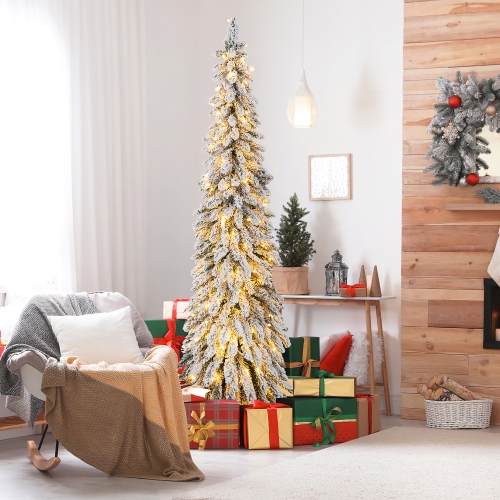 Gymax 4/5/6 FT Pre-Lit Artificial Christmas Tree Snow-Flocked Slim Pencil Christmas Tree