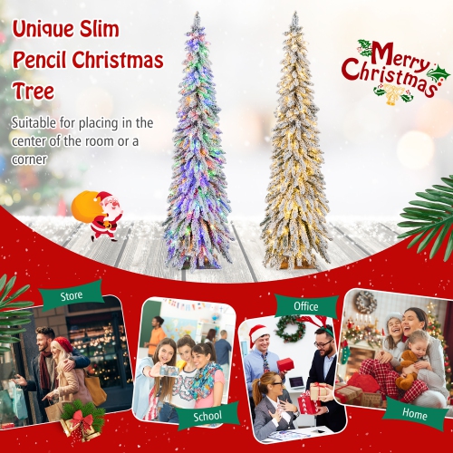 Gymax 4/5/6 FT Pre-Lit Artificial Christmas Tree Snow-Flocked Slim Pencil Christmas Tree