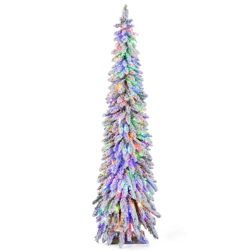 Gymax 4/5/6 FT Pre-Lit Artificial Christmas Tree Snow-Flocked Slim Pencil Christmas Tree
