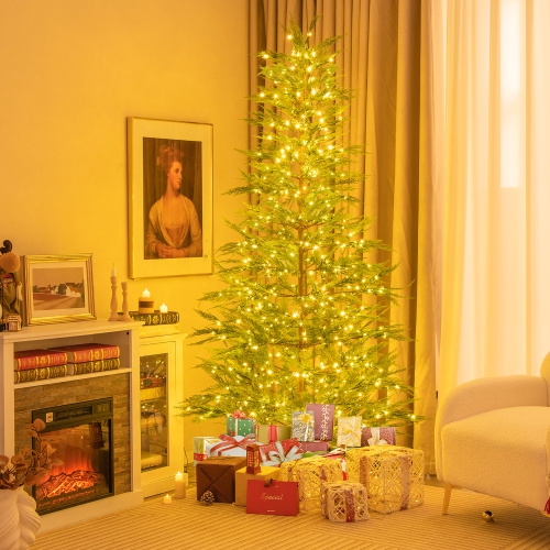 GYMAX  6.5/7.5 Ft Pre-Lit Artificial Christmas Tree Simulated Cypress Xmas Tree W/ Hinges