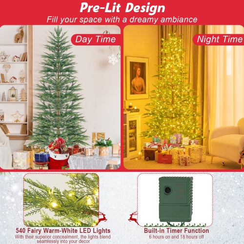 Gymax 6.5/7.5 FT Pre-Lit Artificial Christmas Tree Simulated Cypress Xmas Tree w/ Hinges
