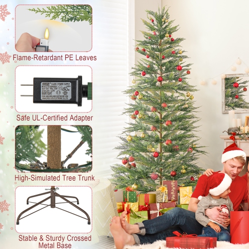 Gymax 6.5/7.5 FT Pre-Lit Artificial Christmas Tree Simulated Cypress Xmas Tree w/ Hinges