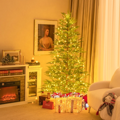 GYMAX  6.5/7.5 Ft Pre-Lit Artificial Christmas Tree Simulated Cypress Xmas Tree W/ Hinges