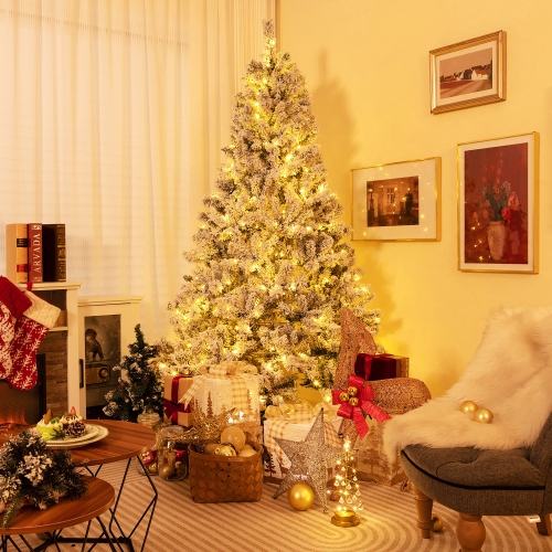 GYMAX  6/7/8 Ft Pre-Lit Snow-Flocked Xmas Tree 3-Minute-Setup Artificial Hinged Christmas Tree