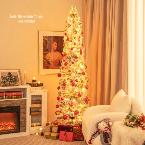 GYMAX  4.5/6/7 Ft Pre-Lit Artificial Christmas Tree Slim Pencil Xmas Tree W/ 258/373/466 Snow-Flocked Branch Tips