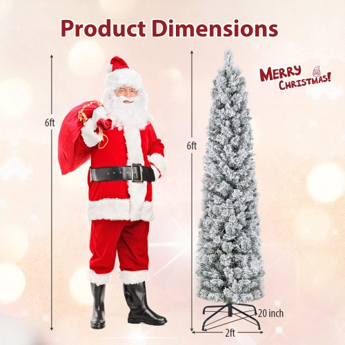 Gymax 4.5/6/7 FT Pre-Lit Artificial Christmas Tree Slim Pencil Xmas Tree w/ 258/373/466 Snow-Flocked Branch Tips
