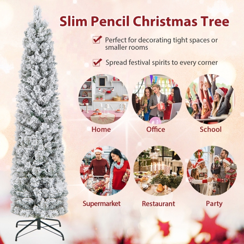 Gymax 4.5/6/7 FT Pre-Lit Artificial Christmas Tree Slim Pencil Xmas Tree w/ 258/373/466 Snow-Flocked Branch Tips