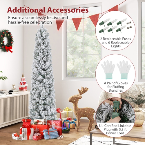 Gymax 4.5/6/7 FT Pre-Lit Artificial Christmas Tree Slim Pencil Xmas Tree w/ 258/373/466 Snow-Flocked Branch Tips