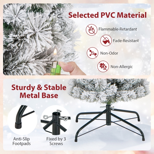 Gymax 4.5/6/7 FT Pre-Lit Artificial Christmas Tree Slim Pencil Xmas Tree w/ 258/373/466 Snow-Flocked Branch Tips