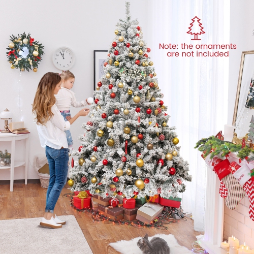 Gymax 6/7/8 FT Pre-Lit Snow-Flocked Xmas Tree 3-Minute-Setup Artificial Hinged Christmas Tree