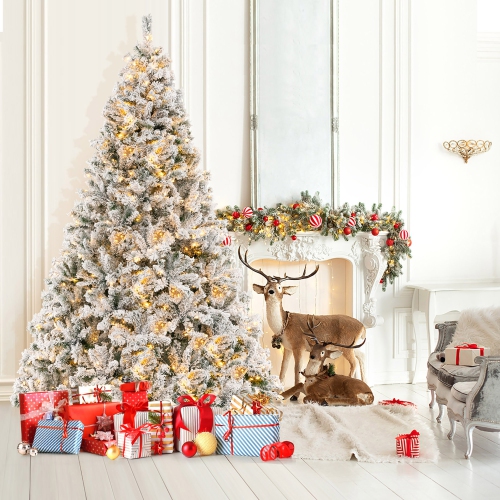 Gymax 6/7/8 FT Pre-Lit Snow-Flocked Xmas Tree 3-Minute-Setup Artificial Hinged Christmas Tree