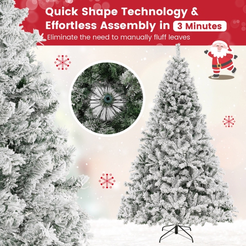 Gymax 6/7/8 FT Pre-Lit Snow-Flocked Xmas Tree 3-Minute-Setup Artificial Hinged Christmas Tree
