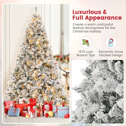 Gymax 6/7/8 FT Pre-Lit Snow-Flocked Xmas Tree 3-Minute-Setup Artificial Hinged Christmas Tree