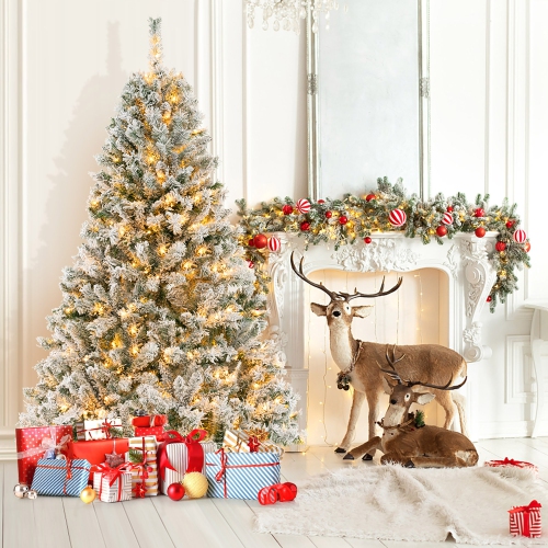 Gymax 6/7/8 FT Pre-Lit Snow-Flocked Xmas Tree 3-Minute-Setup Artificial Hinged Christmas Tree