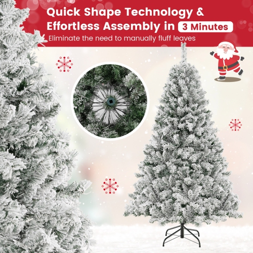 Gymax 6/7/8 FT Pre-Lit Snow-Flocked Xmas Tree 3-Minute-Setup Artificial Hinged Christmas Tree