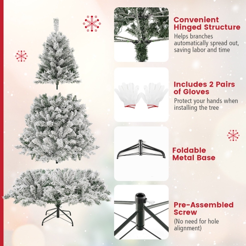 Gymax 6/7/8 FT Pre-Lit Snow-Flocked Xmas Tree 3-Minute-Setup Artificial Hinged Christmas Tree