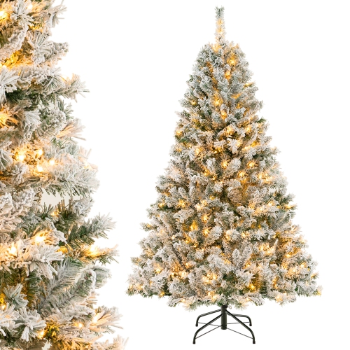 Gymax 6/7/8 FT Pre-Lit Snow-Flocked Xmas Tree 3-Minute-Setup Artificial Hinged Christmas Tree