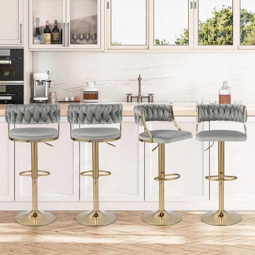 Gymax Swivel Barstool with Woven Back Set of 4 Upholstered Velvet Adjustable Bar Stools
