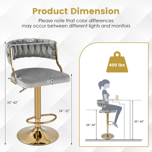 Gymax Swivel Barstool with Woven Back Set of 4 Upholstered Velvet Adjustable Bar Stools