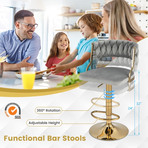 Gymax Swivel Barstool with Woven Back Set of 4 Upholstered Velvet Adjustable Bar Stools
