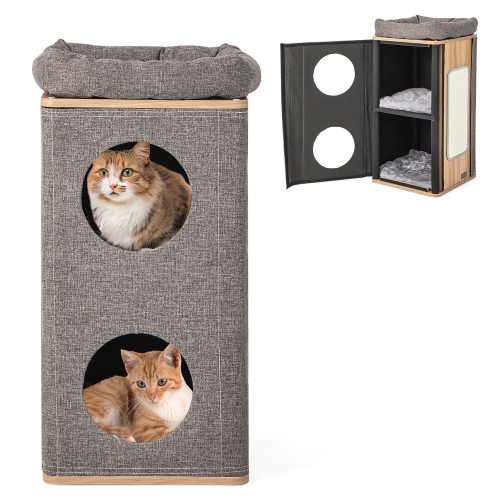 GYMAX  3-Story Cat House Multi-Layer Kitten Condo With Scratching Board Perch Cushions