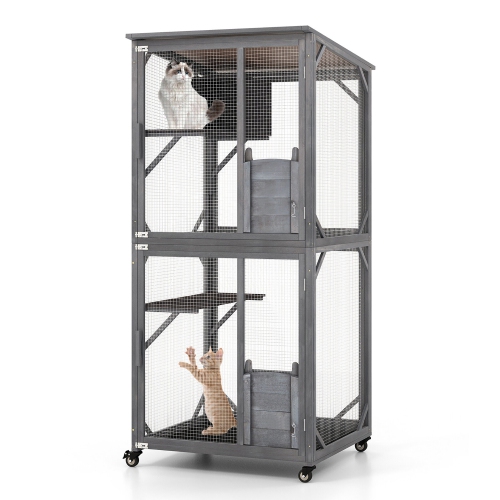 Gymax Wooden Cat House 72'' Indoor Outdoor Kitten Enclosure Kennel Condo on Wheels Grey
